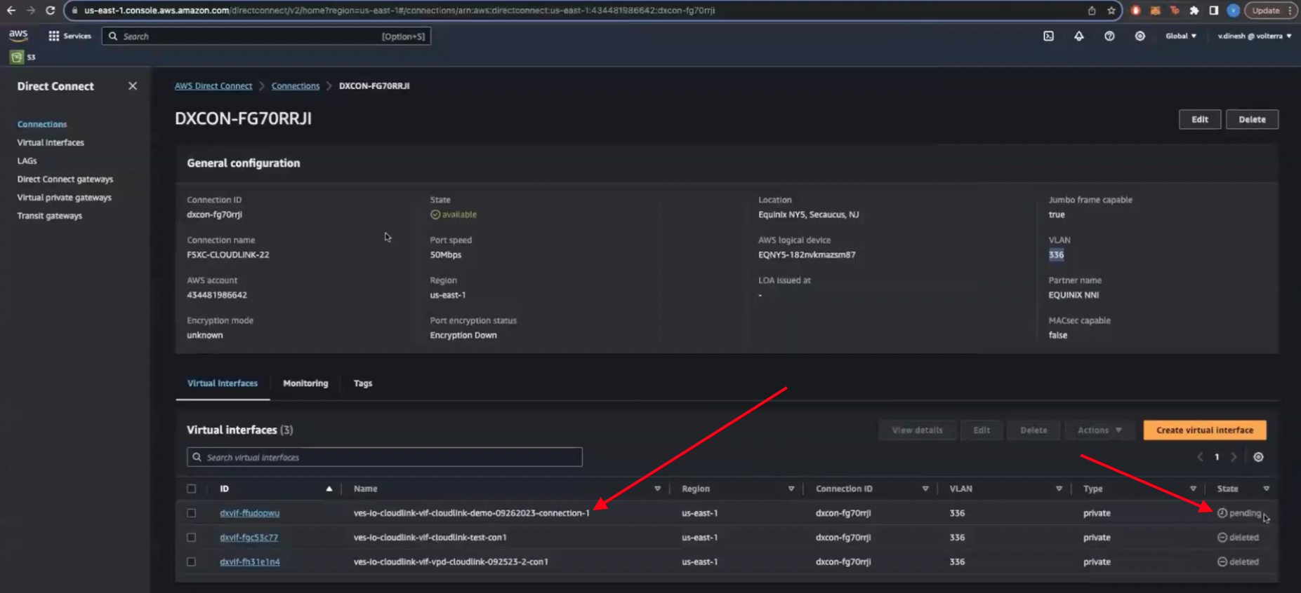 Figure: AWS CloudLink VIF Created